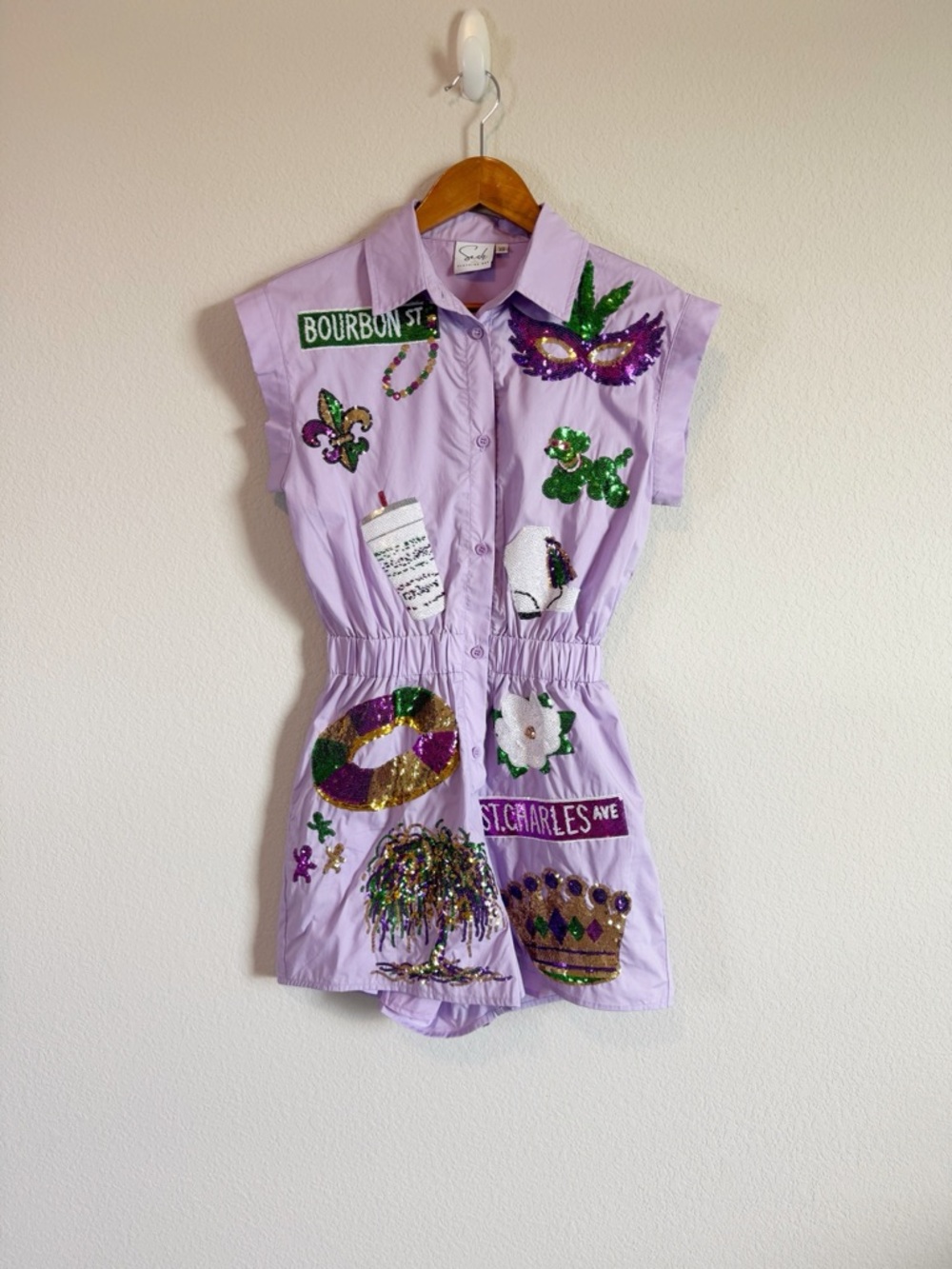 Sash Clothing Bar Mardi Gras New Orleans Purple Sequin Embelisshed Romper Sz XS - Picture 2 of 10